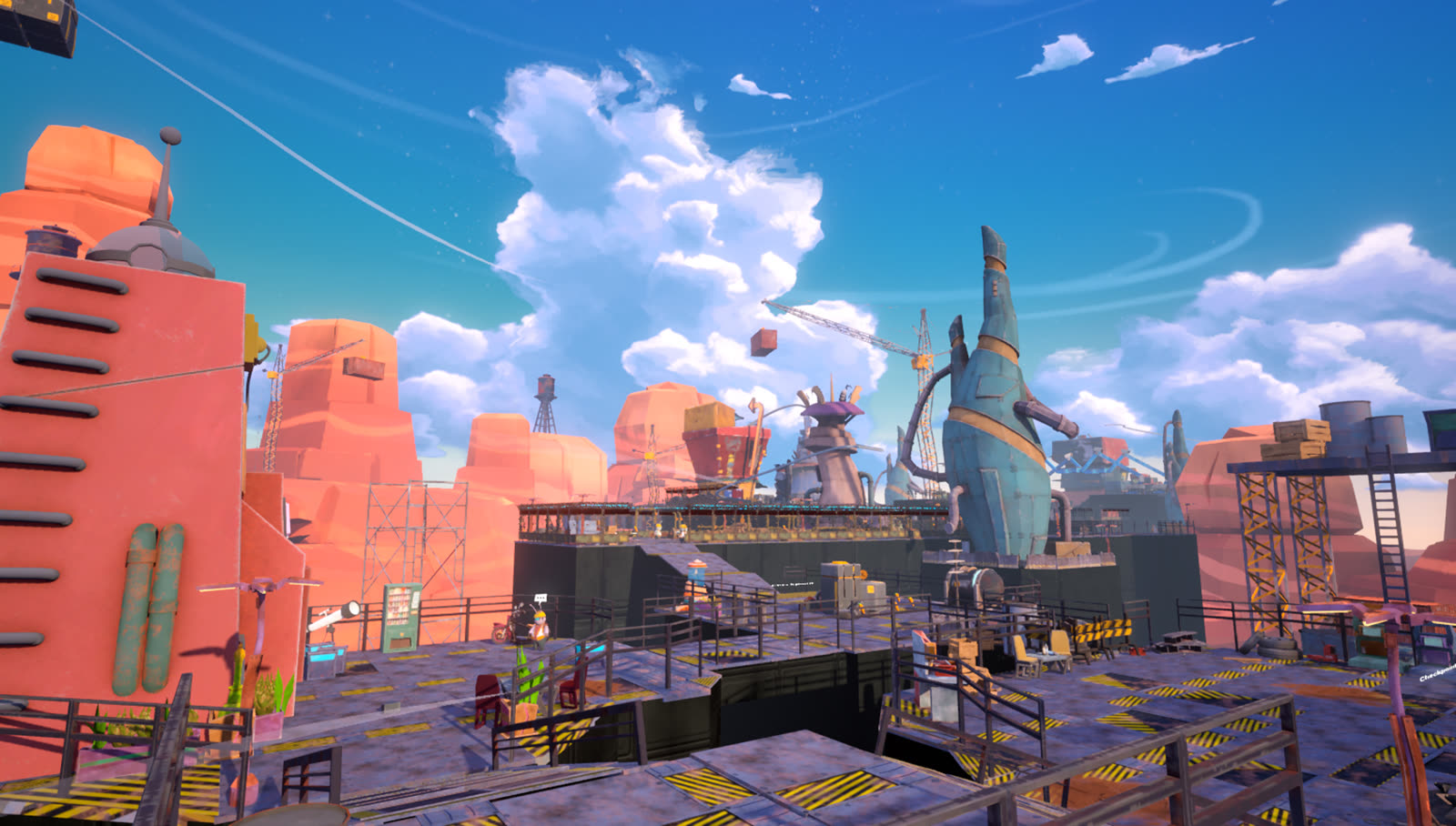 Robotic claw arms and desert rock formations in a Hoppity-Hop environment