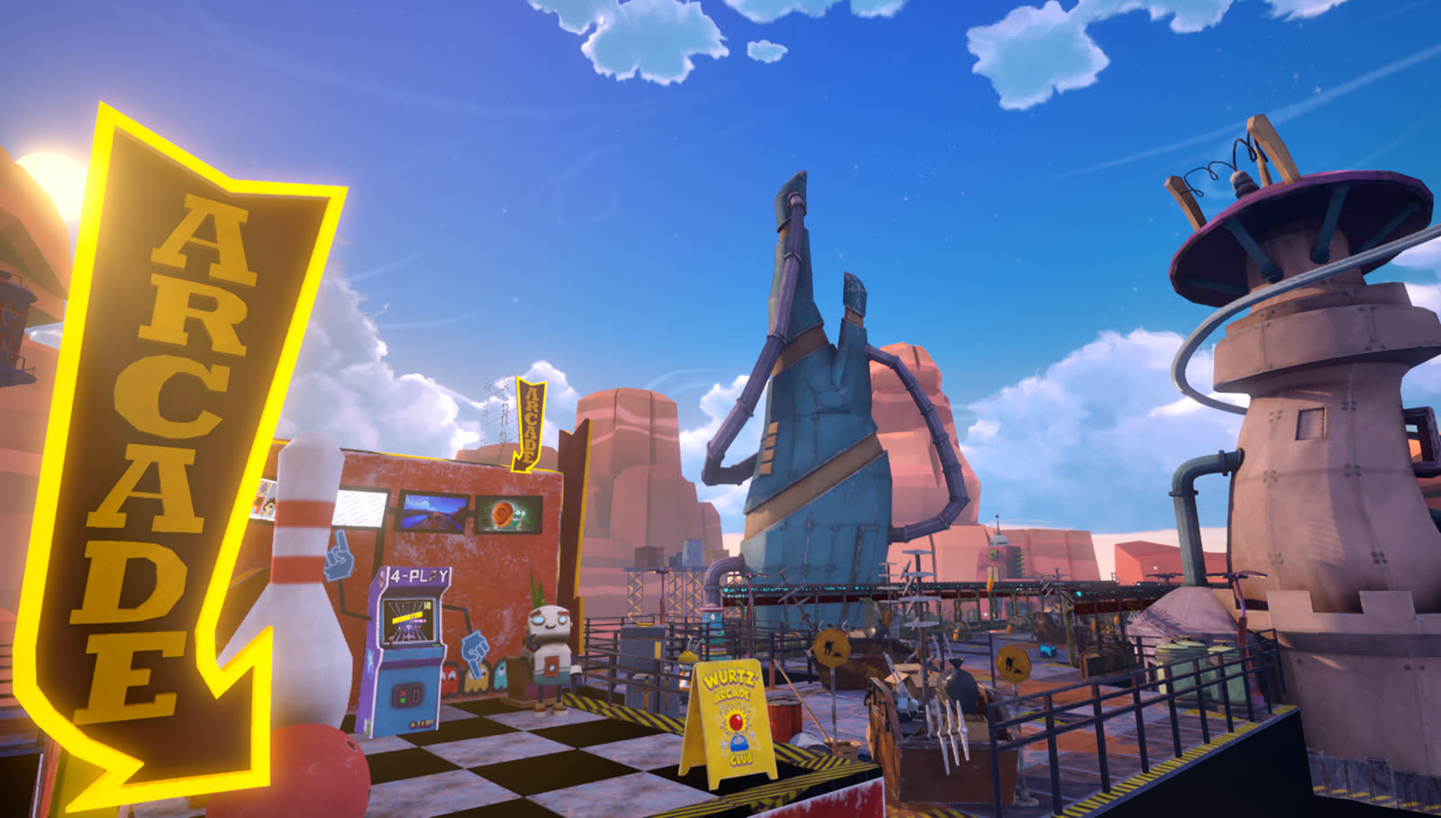 Bee-themed worker NPCs standing near a checkpoint marker in Hoppity-Hop