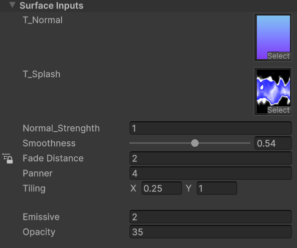 Exposed material properties panel