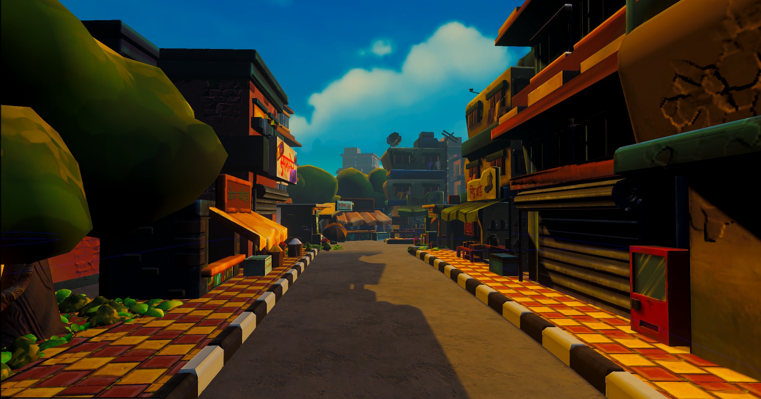 Generated sidewalk and curb geometry running down a market street, mitered around the corner